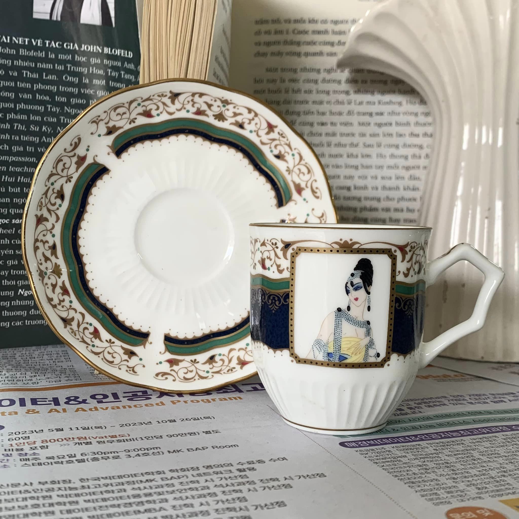 Set dĩa trà Esprit d’Erté 1990-xanh