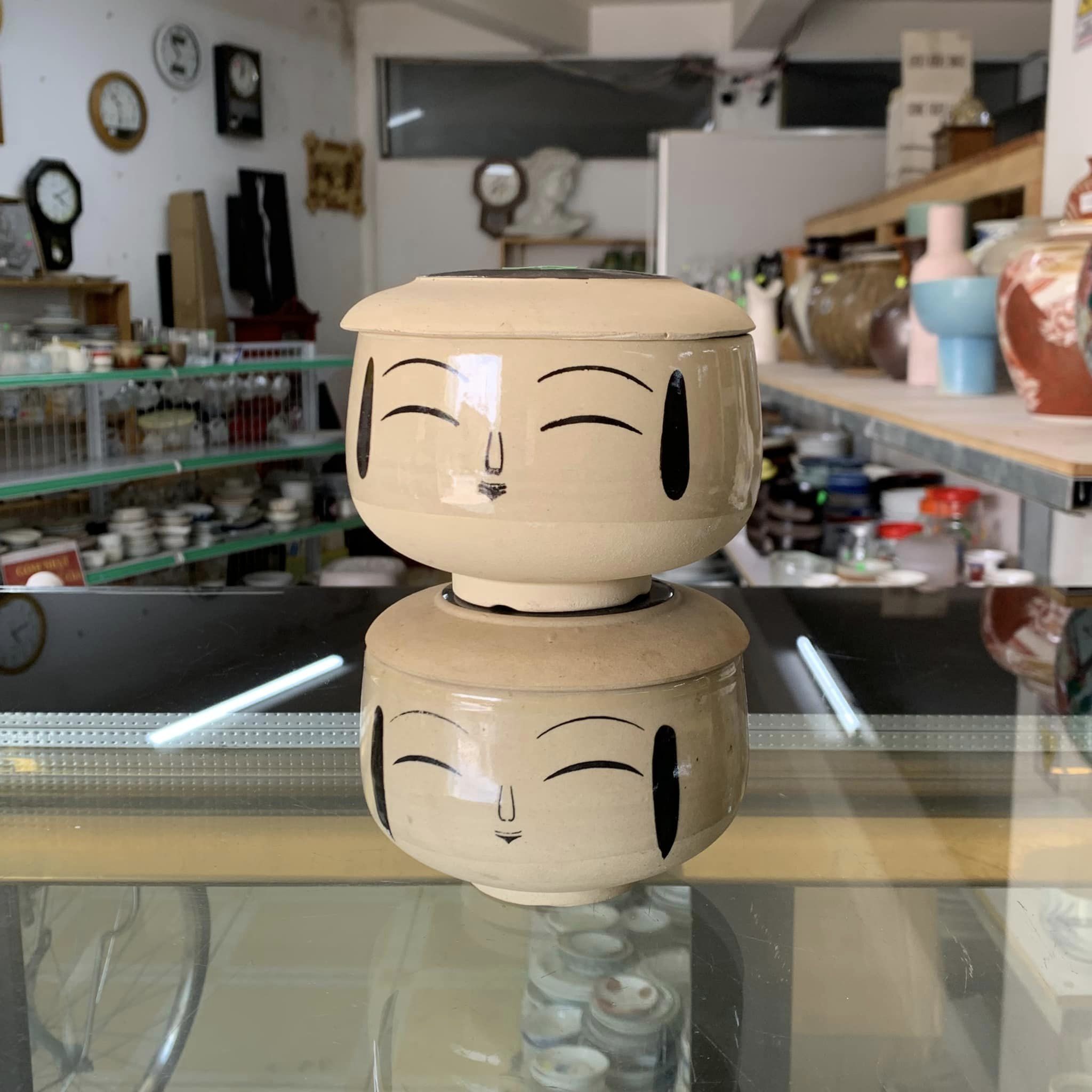 Hộp kokeshi gốm sứ - bát trà có nắp-đậm
