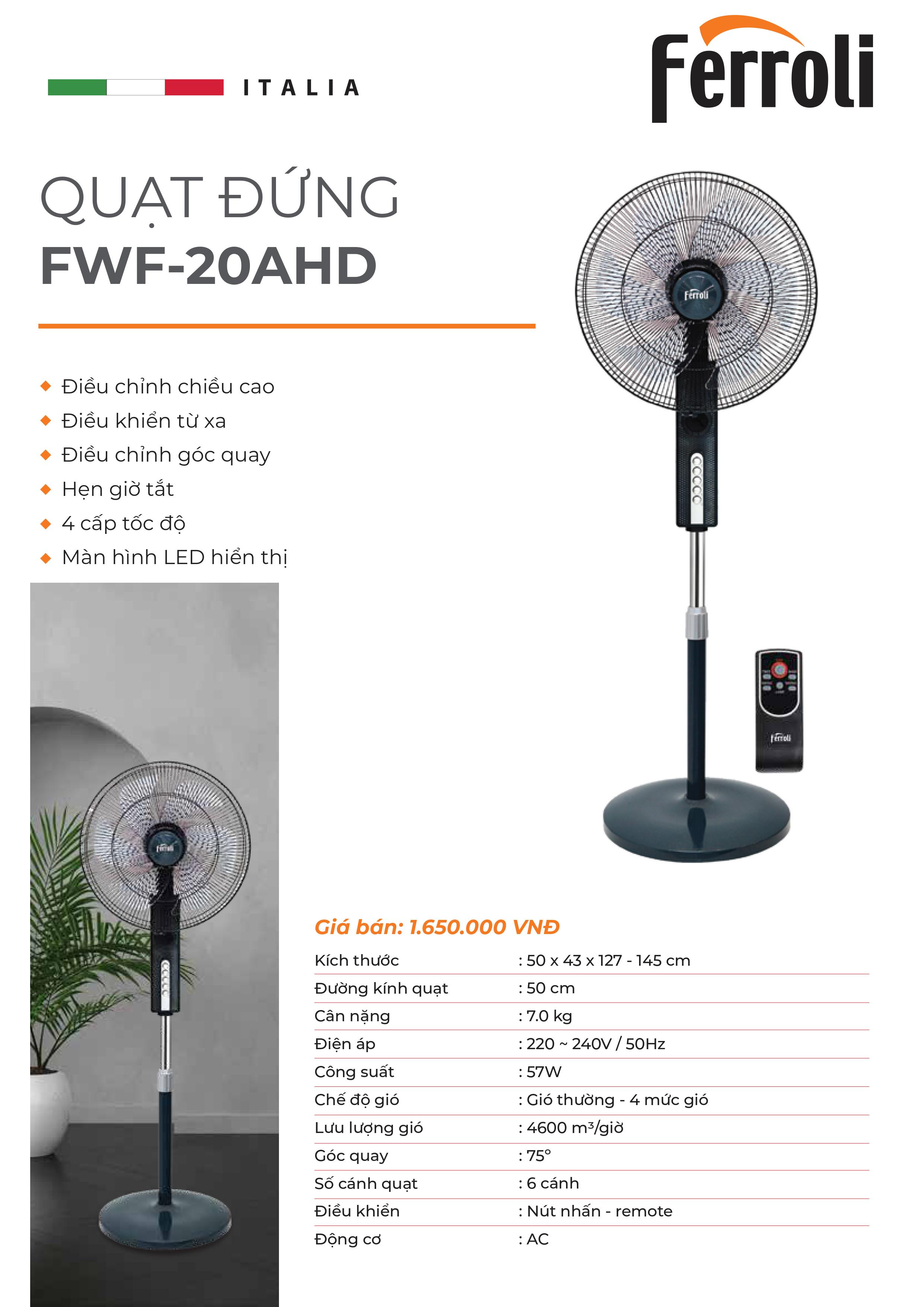 Quạt đứng Ferroli, Rapido RWF-20AHD (Điều khiển từ xa)  giao mẫu ngẫu nhiên