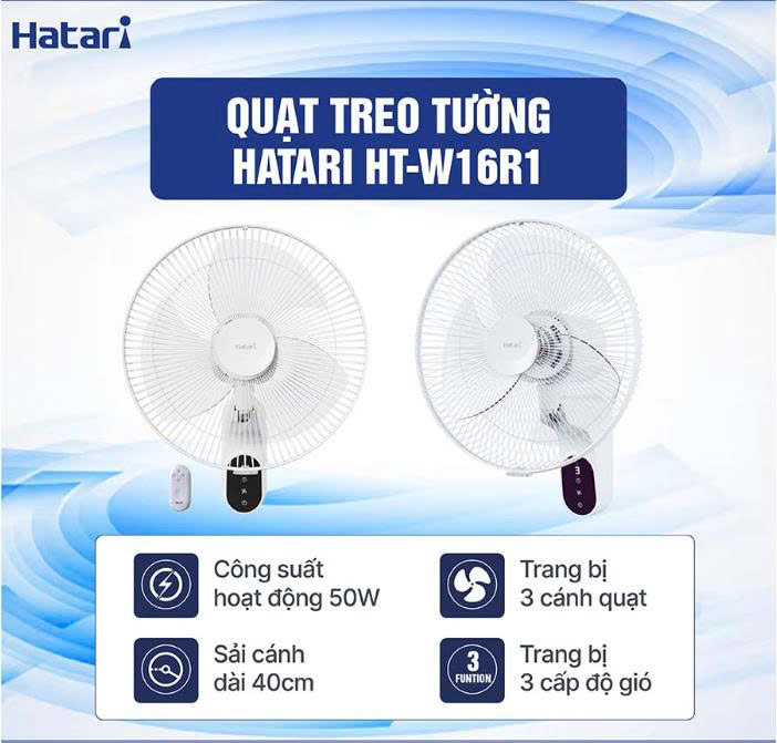 Quạt treo tường Hatari HT-W16R1, điều khiển từ xa, size 40cm, 50w