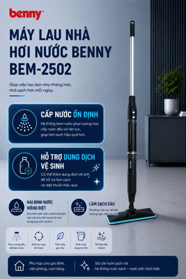 Máy lau nhà Thông Minh BEM-2502, NHẸ SẠCH ÊM RU