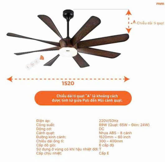 Quạt trần trang trí vân gỗ 8 cánh động cơ DC có remote Nanoco model NCFD6089L công suất 65W