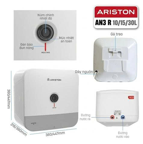 Bình nóng lạnh gián tiếp Ariston ANDRIS3 15 lít 2500W AN3 15R AG+. Công lắp 200.000/1 bình.
