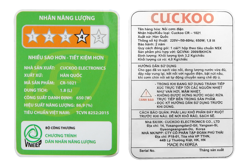Nồi Cơm Điện Cuckoo CR-1021 - 1.8L - Hàng Chính Hãng