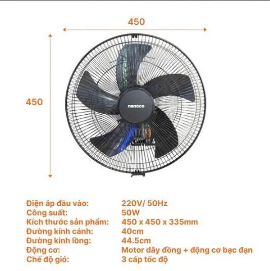 Quạt Treo Tường Công Nghiệp Nanoco Bạc Đạn Màu Đen NWF1670K 3 Chế Độ Gió