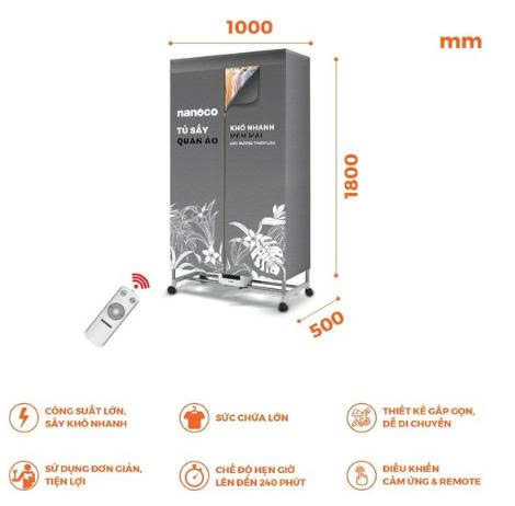 Tủ sấy quần áo có remnote và điều khiển cảm ứng Nanoco model NCD2024RC (Công suất 2000W, Sức chứa ≤ 30kg)