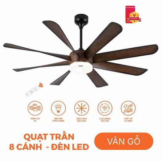 Quạt trần trang trí vân gỗ 8 cánh động cơ DC có remote Nanoco model NCFD6089L công suất 65W