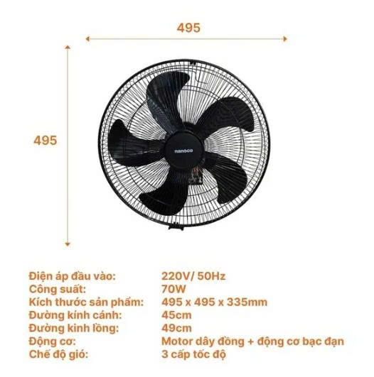 Quạt Treo Tường Công Nghiệp Nanoco Bạc Đạn Màu Đen NWF1870K 3 Chế Độ Gió