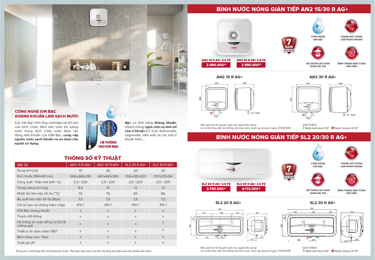 Bình Nóng Lạnh Chống Giật Ariston AN2 15R AG+ tráng bạc, chống giật. Công lắp 200.000đ/bình