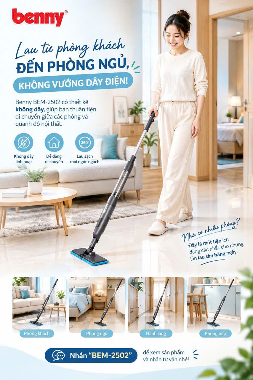 Máy lau nhà Thông Minh BEM-2502, NHẸ SẠCH ÊM RU