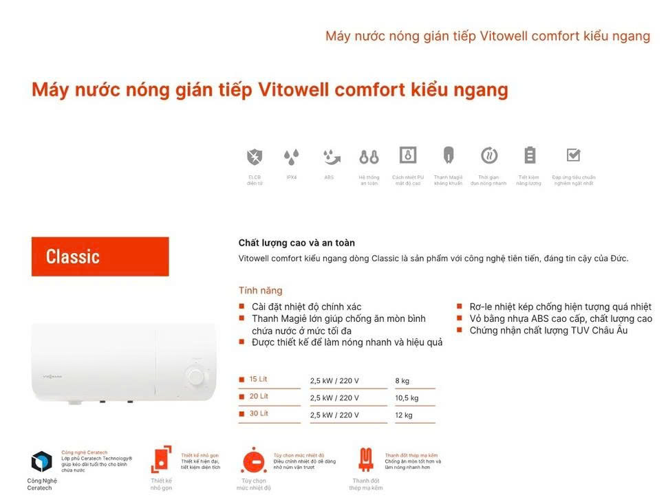 Máy Nước Nóng Viessmann Vitowell Comfort C2 S30 2,5KW-VN Classic Gián Tiếp 30 Lít Kiểu Ngang