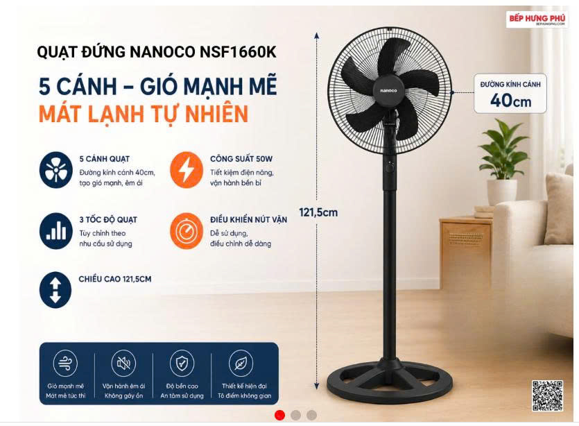 Quạt Đứng Bán Công Nghiệp Nanoco Bạc Đạn 50W 5 Cánh Màu Đen NSF1660K