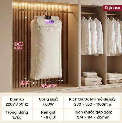 Máy sấy quần áo, khử trùng UV gấp gọn Fujihome FCD16