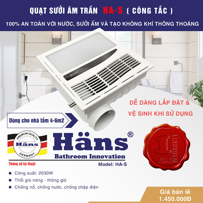 Quạt Thông Gió Kèm Sưởi Âm Trần Công Tắc HANS HA-S Hàng Chính Hãng