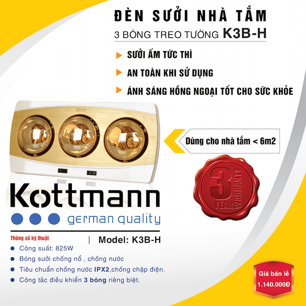 Đèn Sưởi Nhà Tắm Kottmann 3 bóng K3BH - Hàng Chính Hãng