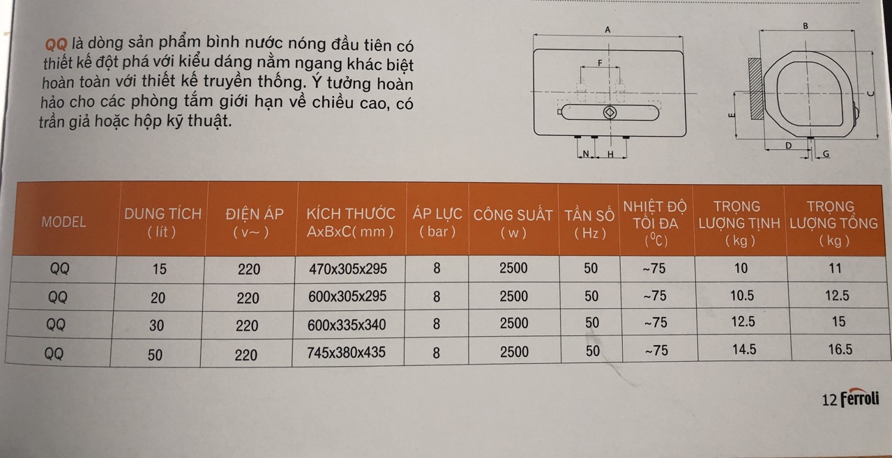 Bình nóng lạnh Ferroli QQEvo ME30 chống giật 30 lít, Tặng 01 đôi dây cấp 40cm . Công lắp 200.000 .