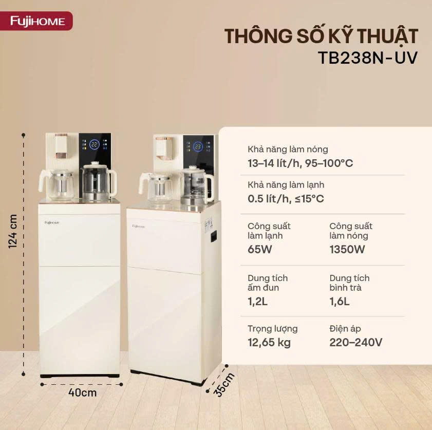 Cây nước bàn trà cao cấp có ngăn khử khuẩn UV Fujihome TB238N-UV
