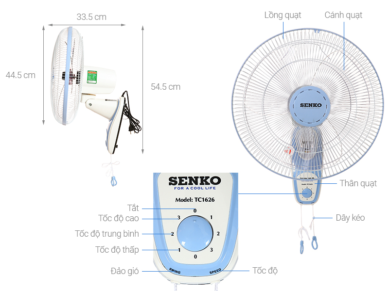 Quạt treo tường Senko 3 cánh TC1626 47W