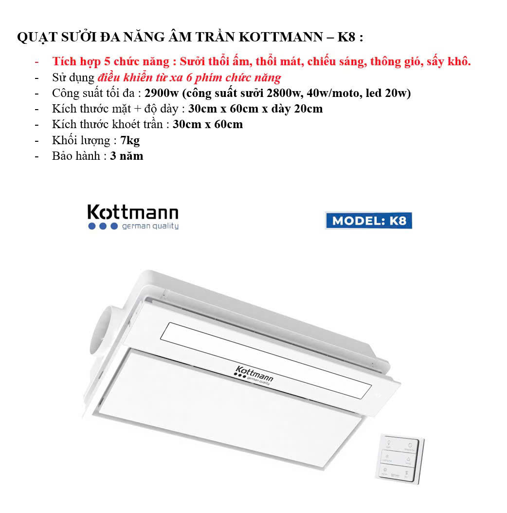 Quạt Sưởi Đa Năng Âm Trần Kottmann K8