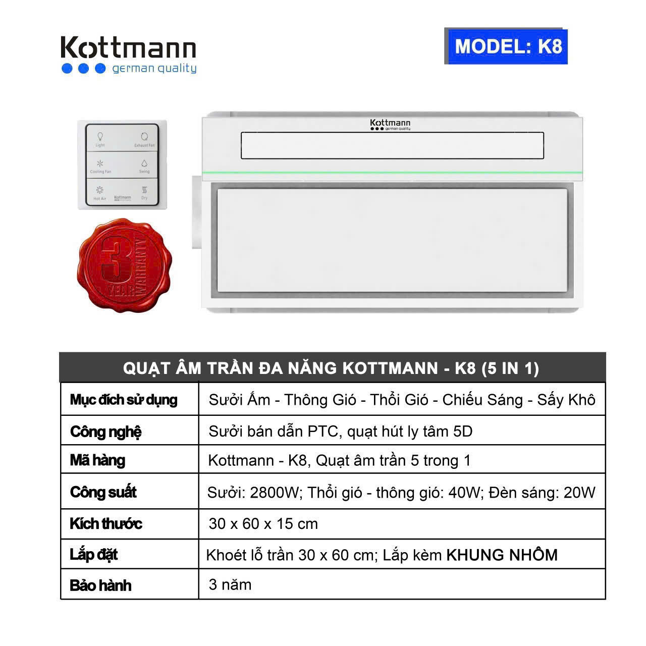 Quạt Sưởi Đa Năng Âm Trần Kottmann K8