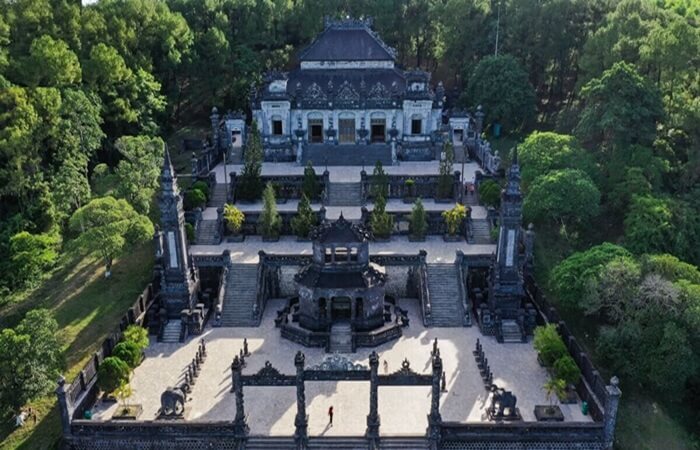 Khai Dinh tomb from above, with its long flights of steps
