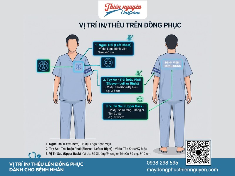 Vị trí in thêu lên quần áo bệnh nhân tinh tế bền màu