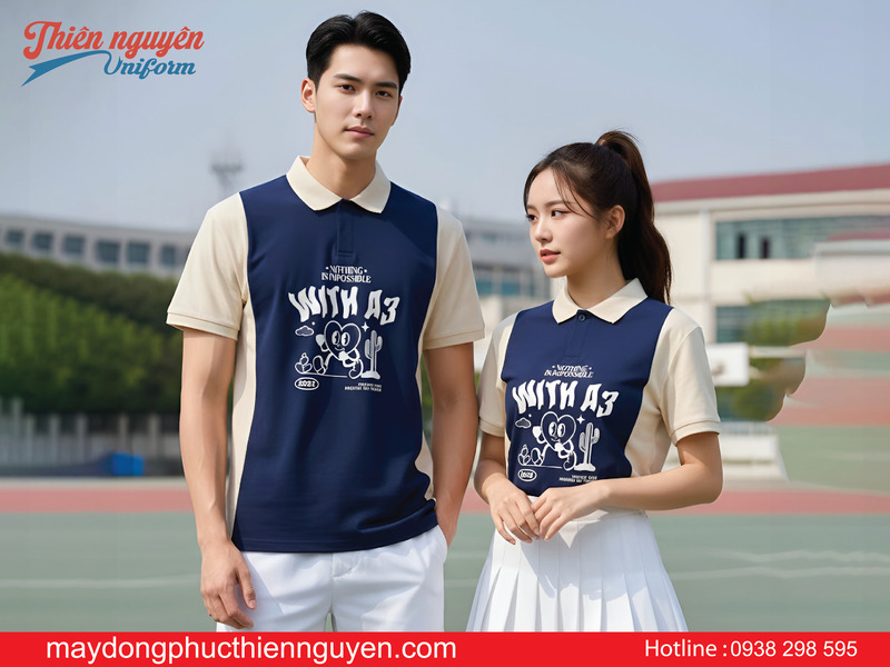 Mẫu áo lớp đồng phục A3 màu xanh đen phối màu kem cổ trụ