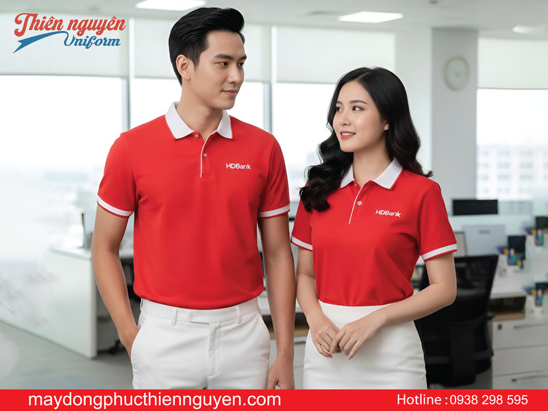 mẫu áo thun đồng phục màu đỏ ngân hàng HDBank