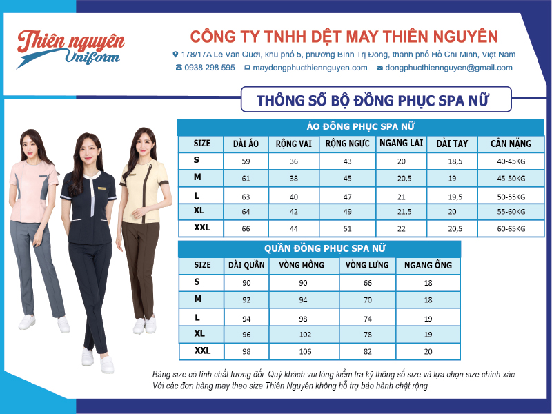 Bảng size đồng phục spa nữ