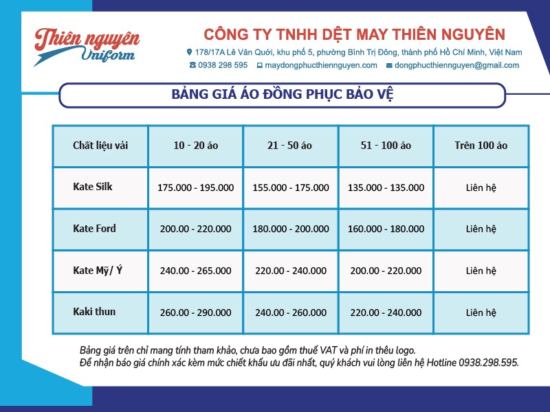 Bảng báo giá áo đồng phục bảo vệ