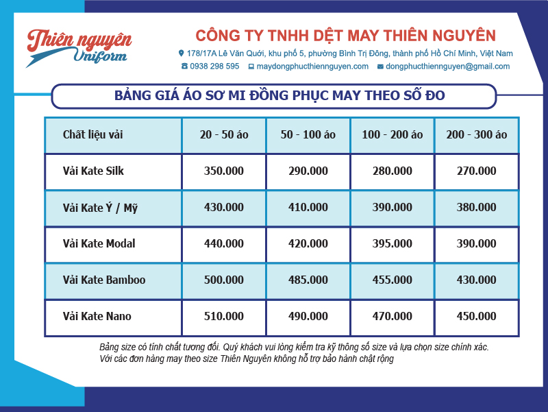 Bảng giá áo sơ mi đồng phục may theo số đo