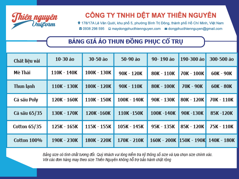 Bảng giá áo thun đồng phục cổ trụ