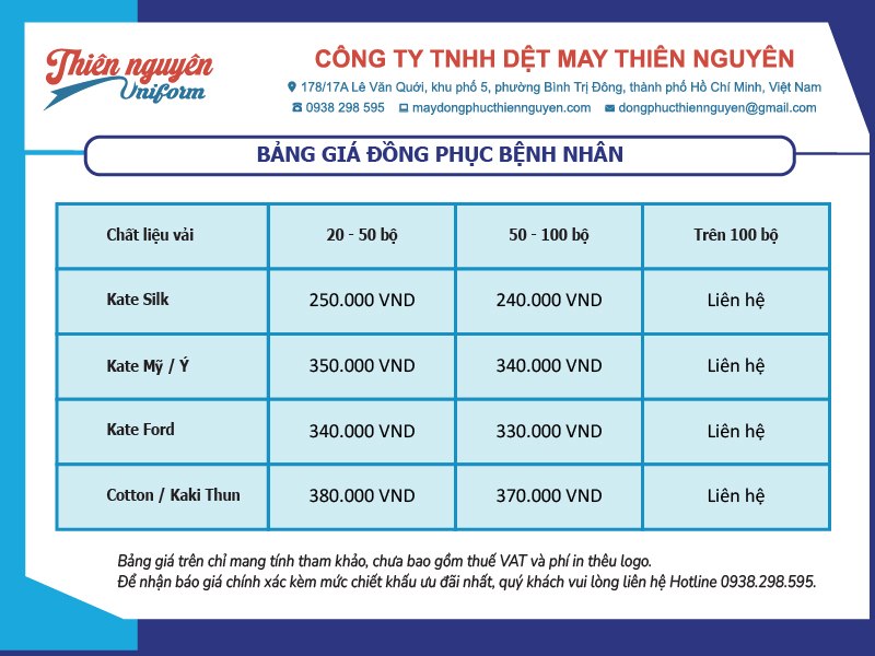 Bảng báo giá đồng phục bệnh nhân