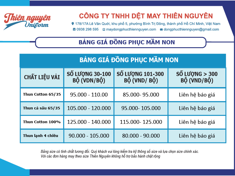 Bảng giá đồng phục học sinh mầm non