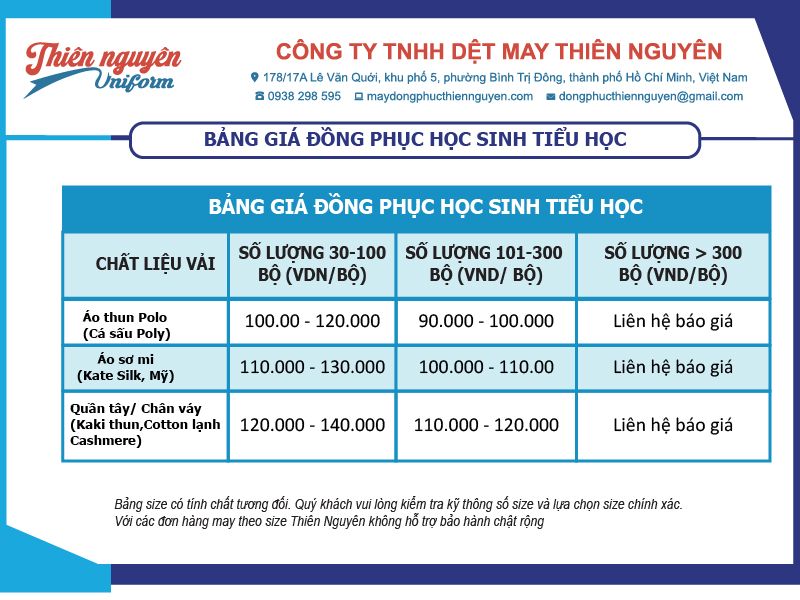 Bảng giá đồng phục học sinh tiểu học