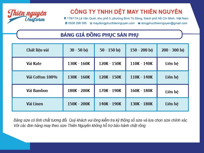 Thông tin bảng giá đồng phục sản phụ