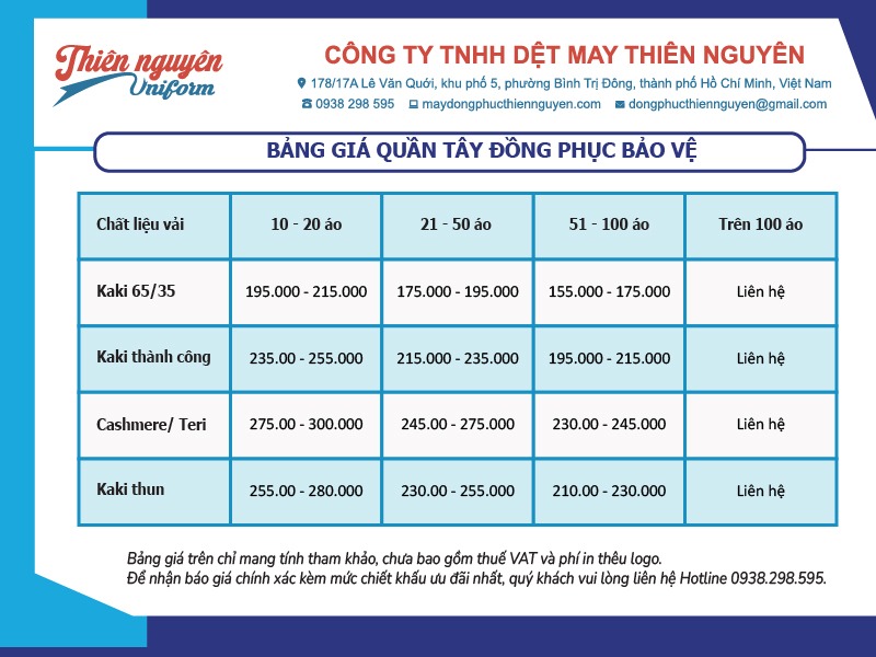 Bảng giá quần tây đồng phục bảo vệ