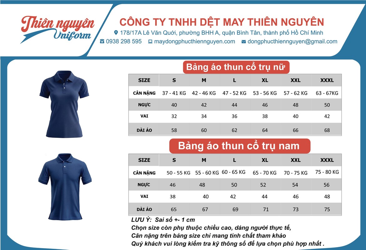 Bảng size áo thun đồng phục