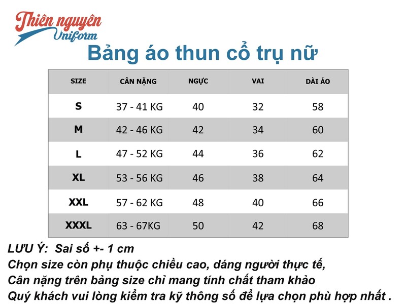 Bảng size áo thun polo nữ- Thiên Nguyên Uniform 