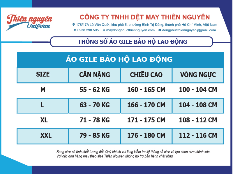 Bảng size áo gile bảo hộ lao động 