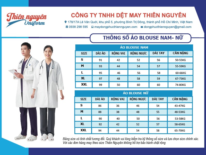 Bảng thông tin giá đồng phục áo blouse bác sĩ