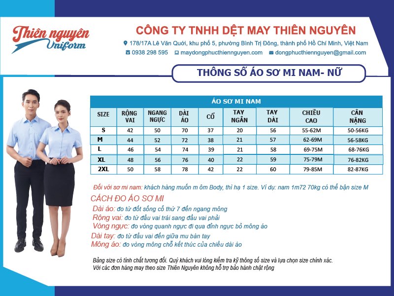 Bảng size áo sơ mi đồng phục nam công sở