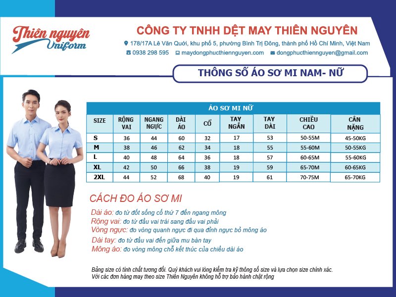 Bảng size áo sơ mi đồng phục nữ công sở