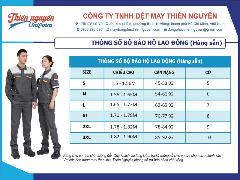 Bảng size đồng phục bảo hộ lao động
