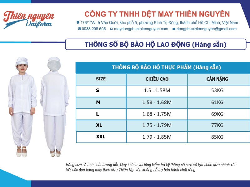 Bảng size quần áo bảo hộ ngành thực phẩm