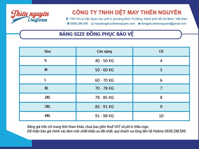 Bảng thông số kích thước đồng phục bảo vệ