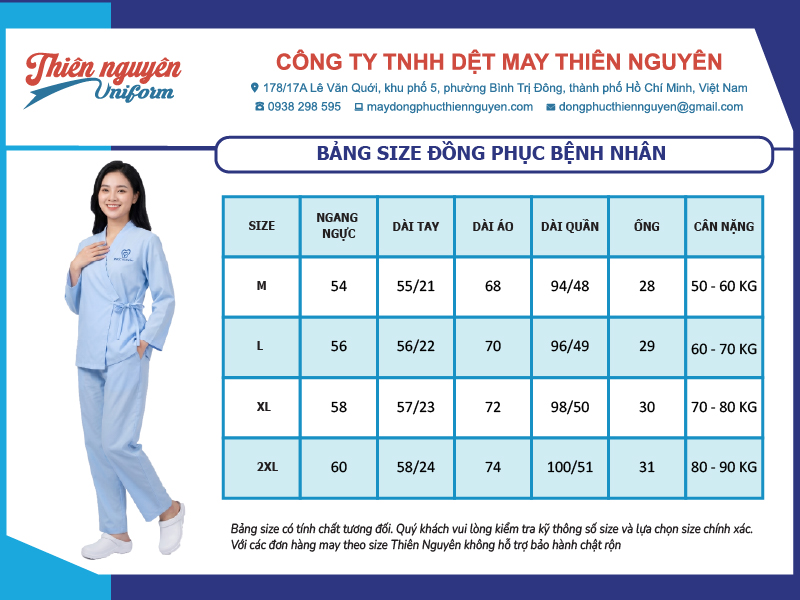 Bảng size đồng phục bệnh nhân