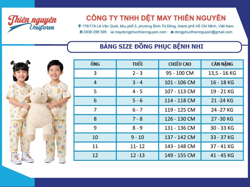 Bảng thông số kích thước đồng phục cho bệnh nhi