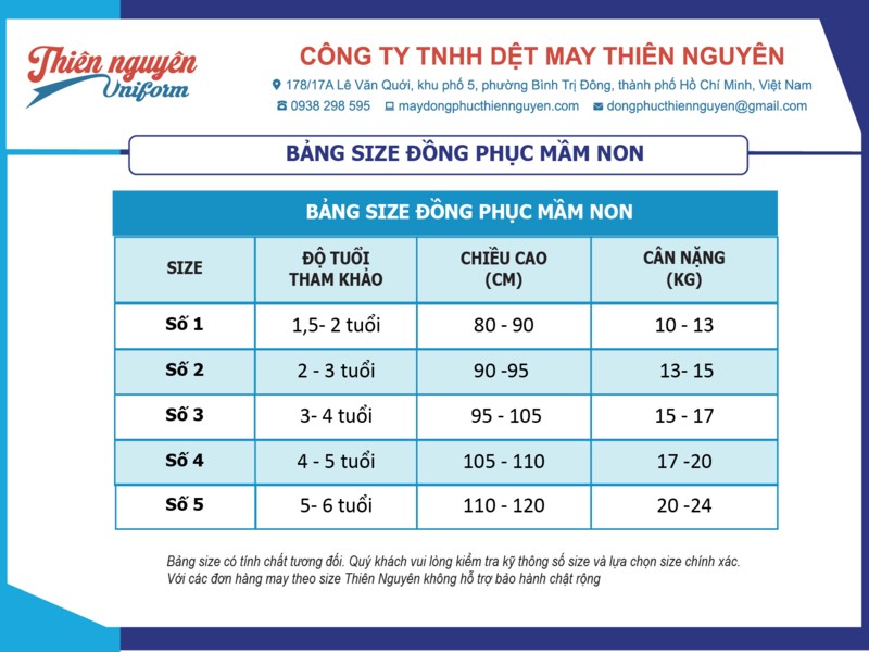 Bảng size đồng phục mầm non