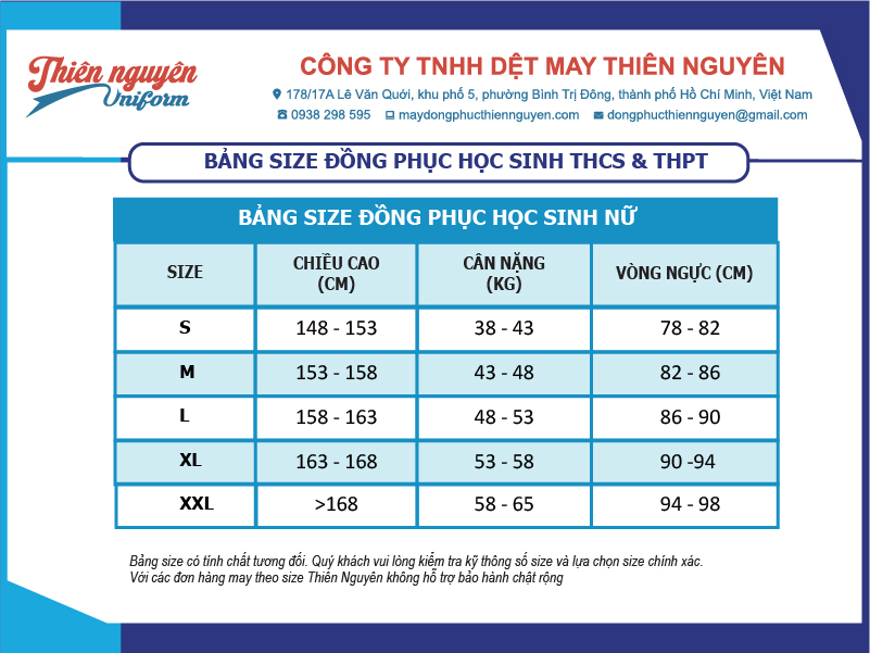 Bảng size đồng phục học sinh nữ THCS và THPT